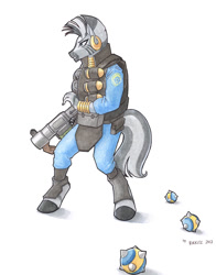 Size: 626x800 | Tagged: safe, artist:rikkitz, imported from derpibooru, zecora, anthro, unguligrade anthro, zebra, bomb, democora, demoman, female, gun, neck rings, piercing, solo, sticky bombs, stickybomb launcher, team fortress 2, traditional art, weapon