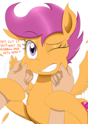 Size: 2200x3100 | Tagged: safe, artist:janji009, imported from derpibooru, scootaloo, human, pegasus, pony, adorable distress, cheek pinch, cute, cutealoo, cutie mark, dialogue, eyebrows, eyebrows visible through hair, female, filly, flapping, flapping wings, foal, gritted teeth, hand, one eye closed, scootalove, simple background, spread wings, squishy cheeks, talking, teeth, the cmc's cutie marks, white background, wings