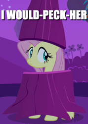 Size: 304x426 | Tagged: safe, edit, edited screencap, imported from derpibooru, screencap, fluttershy, pony, hurricane fluttershy, cropped, female, i'd fuck it, image macro, innuendo, meme, pun, solo, tree
