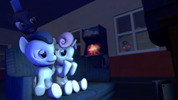 Size: 3840x2160 | Tagged: safe, artist:viranimation, imported from derpibooru, rumble, sweetie belle, thunderlane, pegasus, pony, unicorn, 3d, arcade machine, colt, female, filly, hoof biting, male, movie, night, playstation 2, rumbelle, rumblebot, scared, shipping, source filmmaker, straight, television
