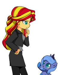 Size: 629x760 | Tagged: safe, artist:twilite-sparkleplz, imported from derpibooru, princess luna, sunset shimmer, pony, equestria girls, clothes, cute, eye contact, filly, looking at each other, looking down, lunabetes, open mouth, pants, simple background, skirt, smiling, thinking, twilite-sparkleplz is trying to murder us, upsies, white background, woona, younger