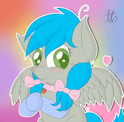 Size: 3552x3478 | Tagged: safe, artist:laptopbrony, imported from derpibooru, oc, oc only, oc:darcy sinclair, bow, clothes, collar, cute, hair bow, heart, looking at you, socks, solo