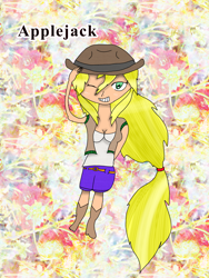 Size: 1536x2048 | Tagged: safe, artist:php45, imported from derpibooru, applejack, human, breasts, cleavage, female, humanized, looking at you, one eye closed, solo, wink