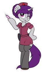 Size: 732x1097 | Tagged: safe, artist:dativyrose, artist:sweetfilthyfun, imported from derpibooru, oc, oc only, oc:wicked silly, pony, semi-anthro, unicorn, clothes, hair bun, nurse outfit, one eye closed, piercing, socks, solo, stockings, syringe, thigh highs, wink