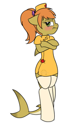 Size: 633x1040 | Tagged: safe, artist:dativyrose, artist:sweetfilthyfun, imported from derpibooru, oc, oc only, oc:lemonade splash, original species, semi-anthro, shark pony, blushing, clothes, crossed arms, nurse outfit, pouting, scrunchy face, simple background, socks, solo, stockings, thigh highs, tsundere, white background