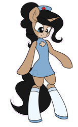 Size: 695x1126 | Tagged: safe, artist:dativyrose, artist:sweetfilthyfun, imported from derpibooru, oc, oc only, oc:india de gold, pony, semi-anthro, unicorn, clothes, knee highs, nurse outfit, socks, solo, stockings