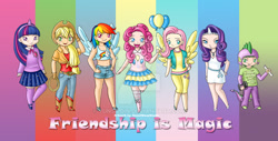 Size: 1024x519 | Tagged: safe, artist:yunsildin, imported from derpibooru, applejack, fluttershy, pinkie pie, rainbow dash, rarity, spike, twilight sparkle, human, chibi, horned humanization, humanized, mane seven, mane six, winged humanization