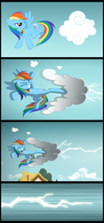 Size: 1063x2277 | Tagged: safe, artist:culu-bluebeaver, imported from derpibooru, rainbow dash, pegasus, pony, comic:the six-winged serpent, cloud, comic, element of loyalty, female, kicking, ponyville, solo, thunder