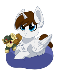 Size: 816x979 | Tagged: safe, artist:itstaylor-made, imported from derpibooru, oc, oc only, oc:katya ironstead, oc:miles, alicorn, pony, alicorn oc, beanbag chair, blue eyes, chest fluff, cute, hat, looking up, plushie, ushanka