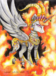 Size: 2461x3358 | Tagged: safe, artist:lunar-white-wolf, idw, imported from derpibooru, nightmare star, princess celestia, alicorn, rapidash, armor, corrupted, evil, female, fire, jewelry, official comic, queen, solo, traditional art