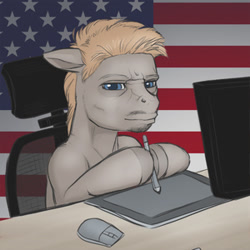 Size: 300x300 | Tagged: safe, artist:arareroll, imported from derpibooru, oc, oc only, earth pony, pony, 2016 us presidential election, american flag, donald trump, drawing, politics, ponified, profile picture, room, solo, tablet