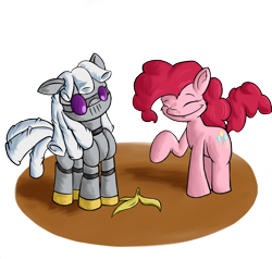 Size: 2000x1905 | Tagged: safe, artist:greenfinger, artist:parassaux, imported from derpibooru, pinkie pie, oc, oc:turing test, robot, fanfic:the iron horse: everything's better with robots, banana peel, fanfic, fanfic art, simple background, smiling, transparent background