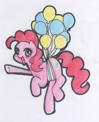 Size: 1076x1316 | Tagged: safe, artist:nabirar, imported from derpibooru, pinkie pie, balloon, female, solo, then watch her balloons lift her up to the sky, traditional art