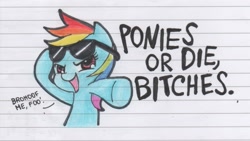 Size: 1713x968 | Tagged: safe, artist:nabirar, imported from derpibooru, rainbow dash, bust, dialogue, female, hoofbump, lined paper, looking at you, open mouth, smiling, solo, sunglasses, traditional art, underhoof, vulgar