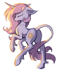 Size: 500x616 | Tagged: dead source, safe, artist:hioshiru, imported from derpibooru, princess celestia, classical unicorn, pony, unicorn, butt, eyes closed, female, floppy ears, leonine tail, pink-mane celestia, plot, race swap, raised hoof, raised leg, simple background, solo, sunbutt, underhoof, unshorn fetlocks, white background, younger