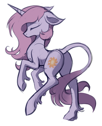 Size: 500x616 | Tagged: dead source, safe, artist:hioshiru, imported from derpibooru, princess celestia, classical unicorn, pony, unicorn, butt, dark, eyes closed, female, floppy ears, leonine tail, pink-mane celestia, plot, race swap, raised hoof, raised leg, simple background, solo, sunbutt, underhoof, unshorn fetlocks, white background, younger