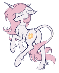 Size: 500x616 | Tagged: dead source, safe, artist:hioshiru, imported from derpibooru, princess celestia, classical unicorn, pony, unicorn, butt, eyes closed, female, floppy ears, leonine tail, pink-mane celestia, plot, race swap, raised hoof, raised leg, simple background, solo, sunbutt, underhoof, unshorn fetlocks, white background, younger