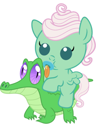 Size: 786x1017 | Tagged: safe, artist:red4567, imported from derpibooru, gentle breeze, gummy, pony, flutter brutter, baby, baby pony, cute, gentle breeze riding gummy, pacifier, ponies riding gators, riding