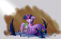 Size: 1700x1100 | Tagged: safe, artist:heir-of-rick, imported from derpibooru, spike, twilight sparkle, alicorn, pony, crystal, dark crystal, duo, lord of the rings, sad, story included, the two towers, twilight sparkle (alicorn)