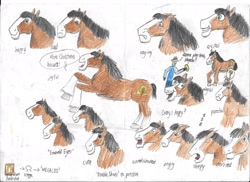 Size: 2338x1700 | Tagged: safe, artist:horsesplease, imported from derpibooru, trouble shoes, oc, oc:anon, clydesdale, angry, chibi, expressions, frisbee, grin, happy, i didn't listen, meme, omega, puzzled, sad, shocked, sleepy, smiling, traditional art, worried