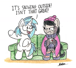 Size: 1611x1437 | Tagged: safe, artist:bobthedalek, imported from derpibooru, dj pon-3, octavia melody, vinyl scratch, earth pony, pony, unicorn, clothes, couch, duo, hat, mittens, mug, octavia is not amused, puns in the comments, scarf, socks, striped socks, sweater, traditional art, unamused