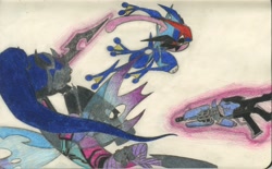 Size: 2438x1512 | Tagged: safe, artist:smcho1014, deleted from derpibooru, imported from derpibooru, oc, oc:wild sketchy, changeling, greninja, ash-greninja, changelingified, colored pencil drawing, crossover, female, gun, magic, magic aura, male, overwatch, pokémon, rifle, species swap, telekinesis, traditional art, weapon, widowmaker