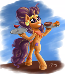 Size: 1648x1863 | Tagged: safe, artist:skorpionletun, imported from derpibooru, saffron masala, pony, bipedal, female, food, missing accessory, pie, platter, solo, wine glass