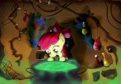 Size: 6000x4186 | Tagged: safe, artist:pucksterv, imported from derpibooru, apple bloom, pony, absurd resolution, adorabloom, bottle, cauldron, cute, female, potion, solo, zecora's hut