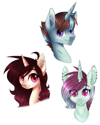 Size: 1256x1572 | Tagged: safe, artist:doekitty, imported from derpibooru, oc, oc only, oc:cobalt, oc:hazel, oc:lithe, pony, unicorn, bust, ear piercing, looking at you, multiple horns, piercing, portrait, simple background, smiling, transparent background