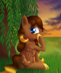 Size: 1000x1200 | Tagged: safe, artist:divlight, imported from derpibooru, oc, oc only, oc:divine light, pegasus, pony, blushing, grass, sitting, solo, tree, weeping willow