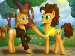 Size: 2000x1500 | Tagged: safe, artist:divlight, imported from derpibooru, cheese sandwich, oc, oc:benny, earth pony, pony, beard, clothes, duo, facial hair, grin, party horn, smiling, tree