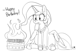 Size: 1280x874 | Tagged: safe, artist:pabbley, imported from derpibooru, princess celestia, alicorn, pony, :t, birthday, cake, cakelestia, candle, cute, dialogue, female, fire, food, grayscale, immortality blues, monochrome, simple background, sitting, solo, white background