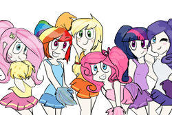 Size: 900x600 | Tagged: safe, artist:gabialicornprincess, imported from derpibooru, applejack, fluttershy, pinkie pie, rainbow dash, rarity, twilight sparkle, human, cheerleader, humanized, mane six, simple background, transparent background