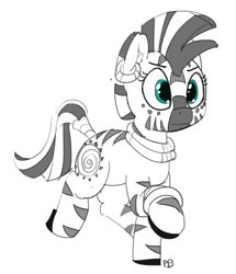 Size: 1280x1489 | Tagged: safe, artist:pabbley, imported from derpibooru, zecora, zebra, female, monochrome, partial color, raised hoof, raised leg, simple background, solo, white background