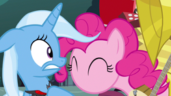 Size: 1280x720 | Tagged: safe, imported from derpibooru, screencap, pinkie pie, trixie, pony, magic duel, eyes closed, floppy ears, no mouth, no nose