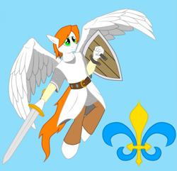 Size: 1247x1200 | Tagged: safe, artist:argustheseer, imported from derpibooru, oc, oc only, oc:aecris, anthro, pegasus, unguligrade anthro, anthro oc, blue background, explicit source, fantasy class, knight, shield, simple background, solo, sword, warrior, weapon