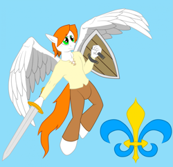 Size: 1247x1200 | Tagged: safe, artist:argustheseer, imported from derpibooru, oc, oc only, oc:aecris, anthro, pegasus, unguligrade anthro, anthro oc, blue background, explicit source, fantasy class, knight, shield, simple background, solo, sword, warrior, weapon