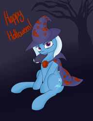 Size: 2000x2600 | Tagged: safe, artist:chamberofsnejwitz, imported from derpibooru, trixie, pony, unicorn, female, gradient background, halloween, looking at you, mare, sitting, smug, solo, text, tree