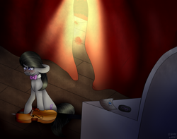 Size: 1024x805 | Tagged: safe, artist:fizzy2014, imported from derpibooru, octavia melody, bowtie, cello, crying, curtain, curtains, female, musical instrument, solo