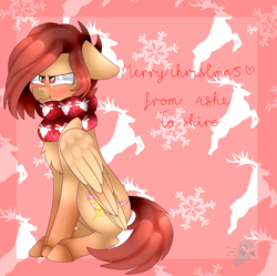 Size: 3072x3063 | Tagged: safe, artist:skittlesfabbutt, imported from derpibooru, oc, oc only, pegasus, pony, blushing, christmas, clothes, greetings card, scarf, scrunchy face, solo