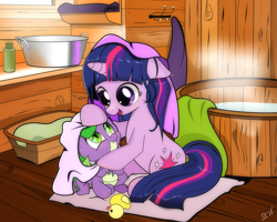 Size: 1263x1010 | Tagged: safe, artist:dsana, imported from derpibooru, spike, twilight sparkle, dragon, pony, unicorn, baby, baby dragon, baby spike, bath, bath toy, bathtub, bottle, cabin, cute, cutie mark, drying, dsana is trying to murder us, duo, female, filly, filly twilight sparkle, floppy ears, looking at each other, male, mama twilight, open mouth, rubber duck, sauna, shampoo, signature, smiling, spikabetes, spikelove, towel, towel rack, toy, twiabetes, unicorn twilight, water, weapons-grade cute, window, wood, young