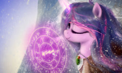 Size: 2000x1200 | Tagged: safe, artist:plotcore, imported from derpibooru, twilight sparkle, clothes, female, loose hair, magic, magic circle, one eye closed, solo