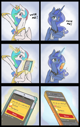 Size: 1280x2037 | Tagged: safe, artist:toki, imported from derpibooru, princess celestia, princess luna, alicorn, pony, comic, cute, cutelestia, duo, glowing, glowing horn, heartwarming, horn, lunabetes, magic, phone, royal sisters, smartphone, tablet, telekinesis