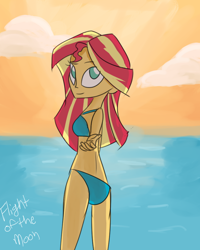 Size: 800x1000 | Tagged: safe, artist:flight-of-the-moon, deleted from derpibooru, imported from derpibooru, sunset shimmer, equestria girls, beach, bikini, clothes, looking at you, reaching, reaching out, solo, sunset, swimsuit