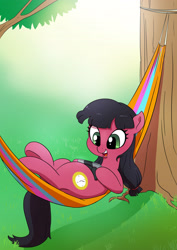 Size: 2481x3507 | Tagged: safe, artist:doublewbrothers, imported from derpibooru, oc, oc only, oc:macdolia, earth pony, pony, hammock, nintendo switch, pigtails, solo, tree