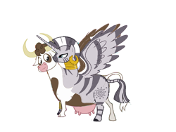 Size: 1057x793 | Tagged: source needed, useless source url, safe, artist:theunknowenone1, imported from derpibooru, daisy jo, zecora, alicorn, cow, pony, zebra, conjoined, fusion, horn, horns, mega evolution, multiple heads, pokémon, simple background, two heads, udder, wat, white background, wings, zebrow