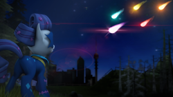 Size: 1920x1080 | Tagged: safe, artist:redaceofspades, imported from derpibooru, radiance, rarity, pony, power ponies (episode), 3d, burning bright, city, clothes, colored, costume, female, looking up, night, poster, power ponies, reference, shooting star, solo, source filmmaker