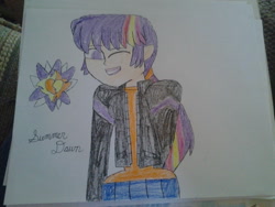 Size: 2048x1536 | Tagged: safe, artist:britishgirl2012, imported from derpibooru, oc, oc only, oc:summer dawn, human, clothes, crayon drawing, crossover, cutie mark, human coloration, humanized, jacket, magical lesbian spawn, next generation, offspring, parent:sci-twi, parent:sunset shimmer, parent:twilight sparkle, parents:scitwishimmer, parents:sunsetsparkle, simple background, solo, total drama, traditional art