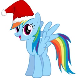 Size: 597x597 | Tagged: safe, edit, imported from derpibooru, rainbow dash, pegasus, pony, female, hat, hooves, mare, open mouth, santa hat, simple background, smiling, solo, spread wings, vector, white background, wings