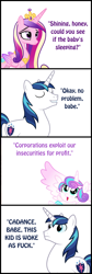 Size: 800x2370 | Tagged: safe, imported from derpibooru, princess cadance, princess flurry heart, shining armor, comic, corporations, vulgar, woke